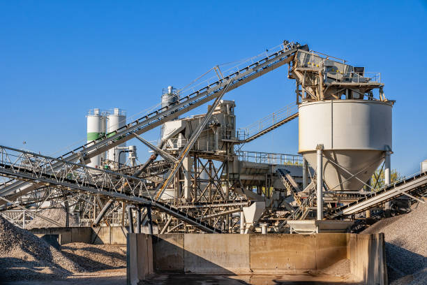 Construction industry concrete plant structure on a clear blue sky